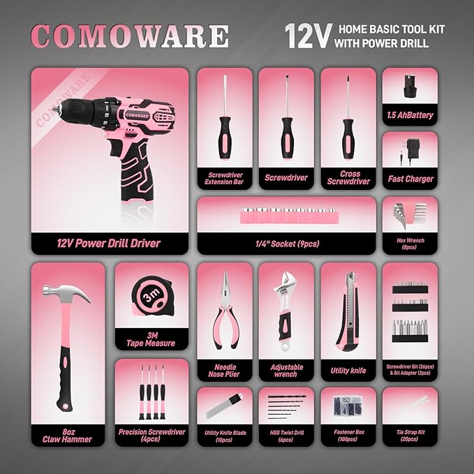 COMOWARE Home Tool Kit with Pink Drill, 195PCS Household Tool kit with 12V Cordless Power Drill, Power Drill Sets Home Repairing Tool Sets with Storage Case for Women