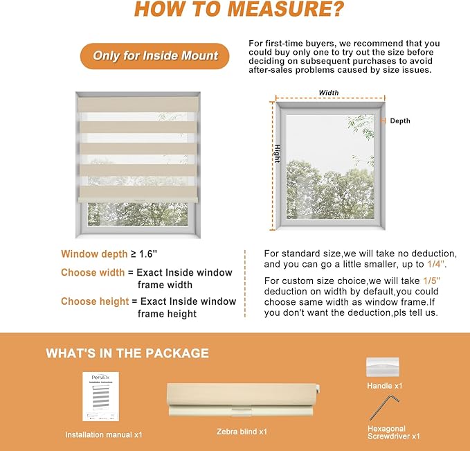 Persilux No Drill No Tool Custom Size Zebra Blind Dual Layer Privacy for Day and Night Window Blinds Light Filtering Cordless Windows Shades for Windows,Easy to Install Thermal Insulated Blinds,Beige