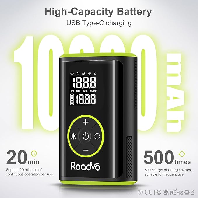 Roadvo Tire Inflator Portable Air Compressor-3X Fast 150 PSI Cordless Air Pump with Digital Tire Pressure Gauge,Auto Shutoff & LCD Display,Portable Bike Pump for Car Tires,Ebike,Motorcycle,Balls