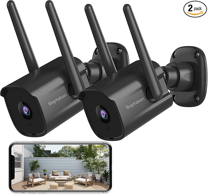 Septekon Security Camera Outdoor 2 Pack, 2.4G Wired WiFi Cameras for Home Security, 2K Surveillance Cameras with Motion Detection and Siren, 2-Way Audio, Night Vision, IP66 Waterproof, Black