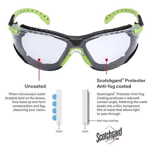 3M Safety Glasses, Solus 1000 Series, ANSI Z87, Scotchgard Anti-Fog, Clear Lens, Green/Black Frame, Removable Foam Gasket and Strap