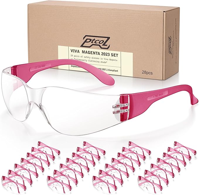 28 Pack Safety Glasses Viva Magenta (Bulk Pack of 24+4) Unisex Clear Anti-Scratch Protective Goggles Impact Resistant Lens Eyewear with ANSI Z87.1 Certified for Construction, Shooting and Laboratory