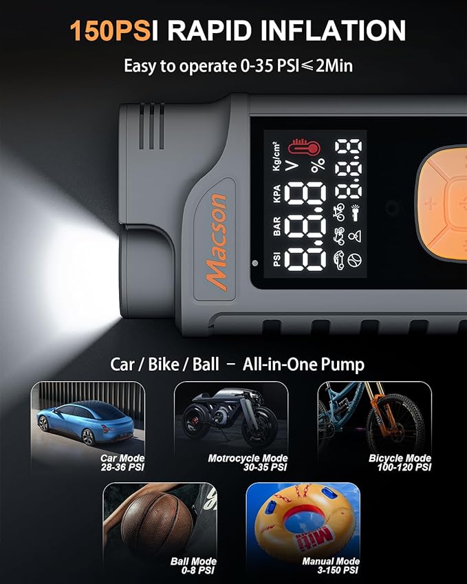 Jump Starter with Air Compressor-1500A Portable Car Battery Charger(Up to 7.5L Gas/5.5L Diesel),12V Jumper Box 150PSI Auto Tire Inflator with Jumper Cable, USB Charge, DC Output and Flashlight