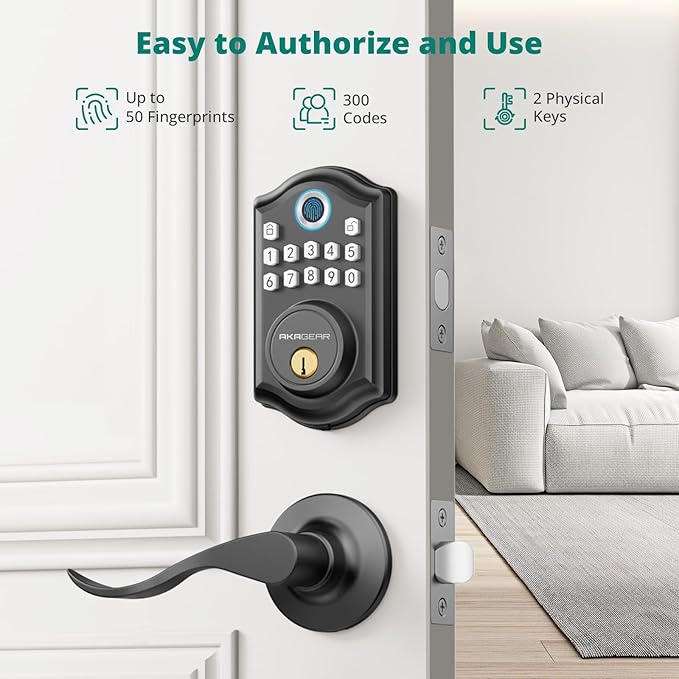 DS10 Keyless Entry Door Lock with 2 Lever Handle, Fingerprint, Keypad Code, 2 Keys, Smart Locks for Front Door, Bedroom, One-time Code, Auto-Lock, Easy Installation