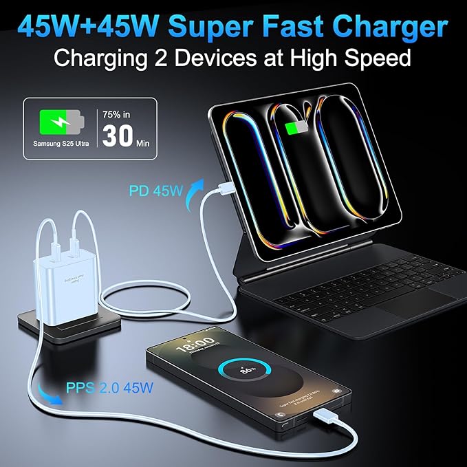 45W USB-C Super Fast Charger, 2-Port 45 Watt Type C Charger Fast Charging Block with 10FT USB C Cable Cord for Samsung Galaxy S25 Ultra/S25+/S25/S24/S23 Ultra/S23+/S22 Ultra/S22+/S20 Ultra-Blue