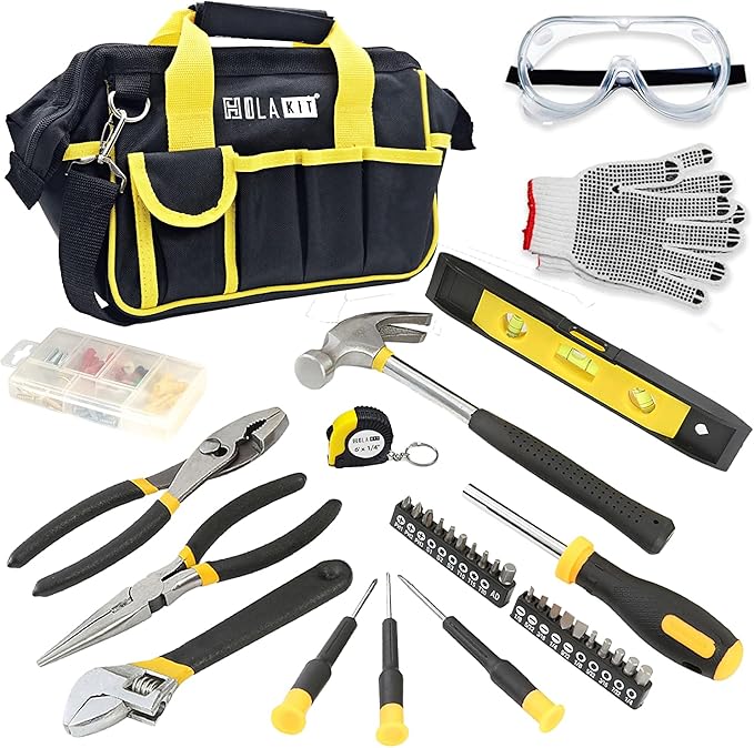 HolaKit House Tool Kit, 64-Piece Home Tool Set with 18-Pocket Tool Bag and Shoulder Strap, Hammer, Pliers, Adjustable Wrench, Precision Screwdrivers, etc, Ideal for DIY Projects, Quick Repairs