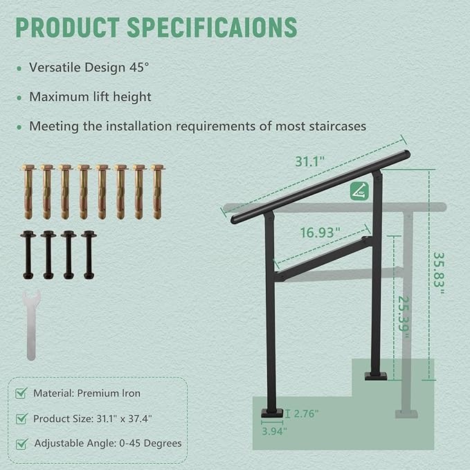 2 Pack Hand Rails for Outdoor Steps,1-2 Step Railing for Stairs,Adjustable Porch Railing,Hand Rails for Seniors,Outdoor Deck Handrails for Exterior Steps,Black
