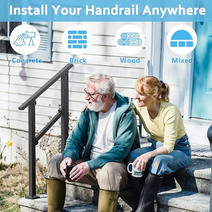 Outdoor Metal Handrails for Steps – Exterior Stair Railing for Concrete Steps, Porch, Adjustable, Easy to Install, 2 Step