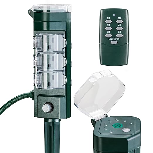 HBN Outdoor Power Strip Timer with Photocell Remote Control,Yard Stake Countdown (2,4,6,8 Hour),Weatherproof Outside Timer Dusk to Dawn for Halloween/Christmas Lights,6 Outlets,6ft Cord