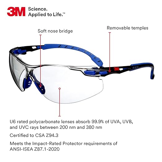 3M Safety Glasses, Solus 1000 Series, ANSI Z87, Scotchgard Anti-Fog, Indoor/Outdoor Grey Lens, Blue/Black Frame