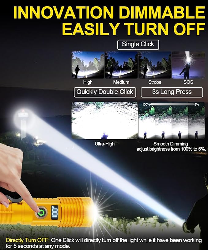 Rechargeable Flashlight High Lumens- Super Bright Magnetic Flash Light with Power Digital Display,3280Ft Long Range,Dimmable,Waterproof,Pocket Tactical LED Flashlights for Emergency,Gold 1PC