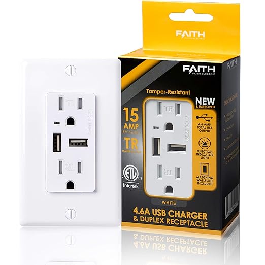 Faith [10-Pack] 4.6A USB Outlet High Speed Charger, 15A Tamper-Resistant Receptacle with Wall Plate, 2 Outlets & 2 USB Ports, Compatible w/iPhone, iPad, Android, Samsung Devices & More, 10-Pack, White