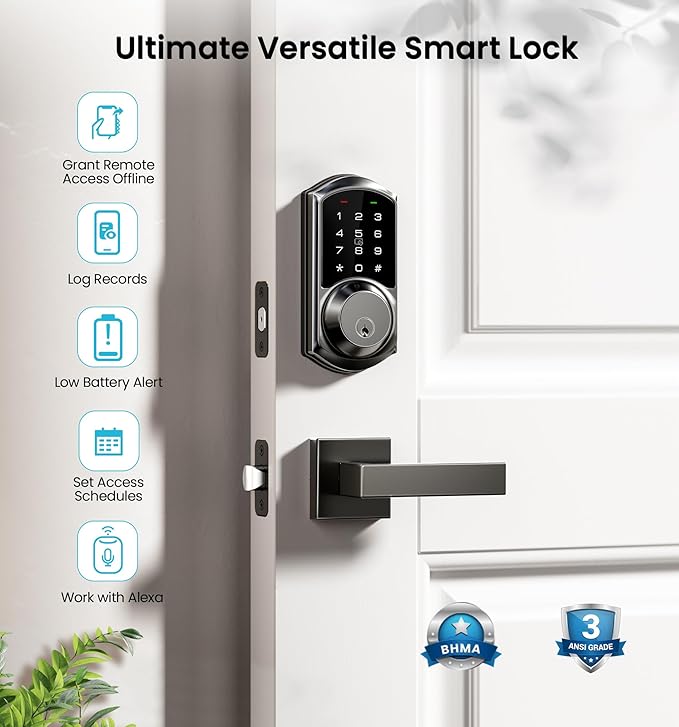 Veise VE06-L Smart Locks with 2 Lever Handle Set, App Control, Keyless Entry Deadbolt for Front Door, Electronic Digital Touchscreen Keypad, Auto Lock, Waterproof, Easy Installation, Matte Black