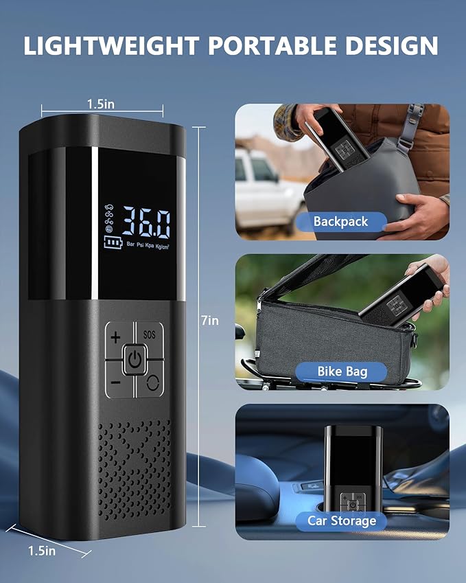 Tire Inflator Portable Tire Compressor, Cordless Tire Inflator with LED Light for Car Motorcycle Bicycle Ball, Car Accessories Essential for Men, 150PSI 12V DC Air Tire Pump with Gauge