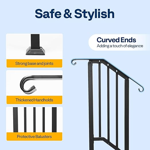 VIVOHOME 2-Pack 2 Step Galvanized Steel Hand Rails for Outdoor Steps – Curved Ends and Safety Balusters Exterior Railing for Porch, Deck, or Indoor Stairs, Complete Installation Kit