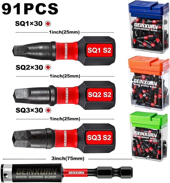 Impact Square Screwdriver Bits Set,90 Pcs 1" Magnetic (SQ1/SQ2/SQ3) S2 Steel Multi Driver Bits and 1 Pcs Bit Holder with Storage Colorful Box