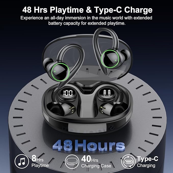 Wireless Earbuds, Bluetooth 5.3 Headphones Sport, Over Ear Buds With ENC Noise Cancelling Mic, 48H, Wireless Earphone With Earhooks, Stereo Deep Bass, IP7 Waterproof Headset for Workout Running, Black