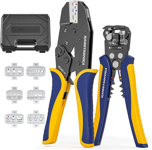 haisstronica 6 in 1 Crimping Tool Kit and Wire Stripper, Ratcheting Wire Crimper with 6 PCS Interchangeable Dies for Heat Shrink,Non-Insulated,Ferrule,Open Barrel,Insulated Connectors, men tool gifts