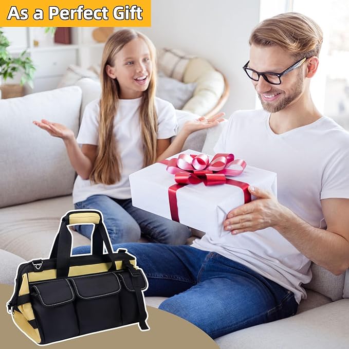 15 Inch Heavy Duty Tool Tote Bag with 24 Pockets, Wide Open Mouth Tool Box Organizer Case with Shoulder Strap, Portable Electrician Tool Kit Storage Carrying Pouch with Lockable Zipper (Khaki)