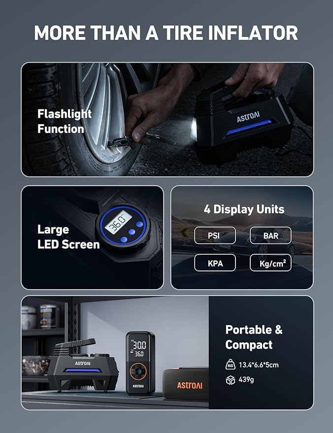 AstroAI Tire Inflator Portable Air Compressor Air Pump for Car Tires-Car Accessories, 9.8Ft Cord-12V DC-Powered Auto Pump with Digital Pressure Gauge, Emergency LED Light for Bicycle, Balloons, Blue