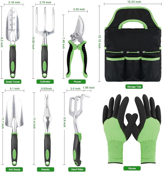 Garden Tools Set, 8 Piece Gardening Tools Set with Non Slip Ergonomic Handle, Heavy Duty Garden Tool Set with Storage Bag, Gardening Kit for Women, Garden Hand Tools Gift, Green