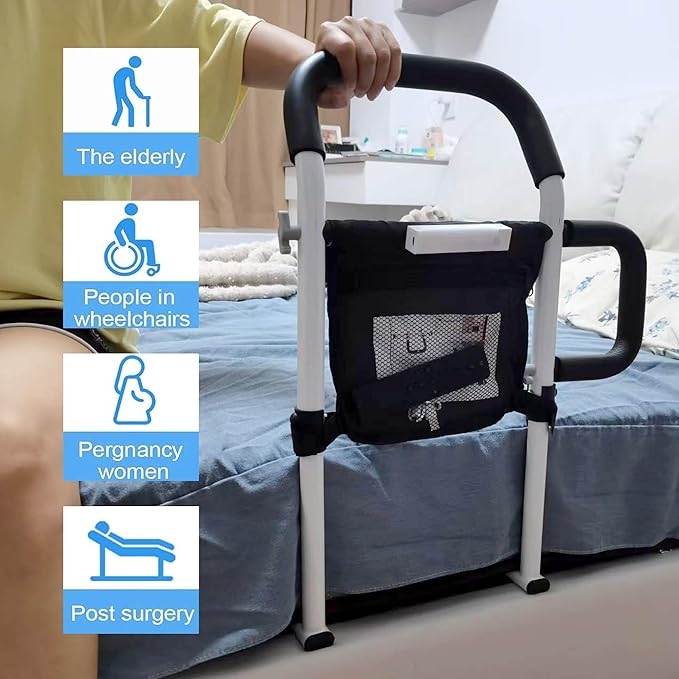 Bed Rails for Elderly Adults Safety, Bed Guard Rail with Dual Grab Bars for Seniors & Patients,Motion Light & Storage Pocket Support Up to 300lbs Fits King, Queen, Full, Twin Bed