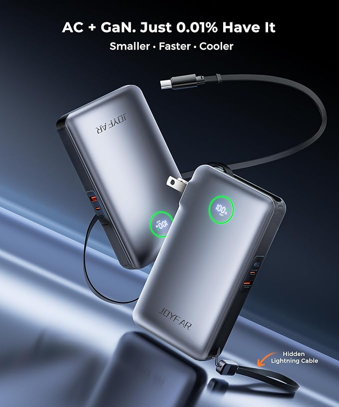 Portable Charger Power Bank - Travel Essentials Battery Pack 35W AC Plug GaN 10000mAh Built in Cable USB C Phone Fast Charging Powerbank Compatible with iPhone 16 15 14 13 iPad MacBook Samsung