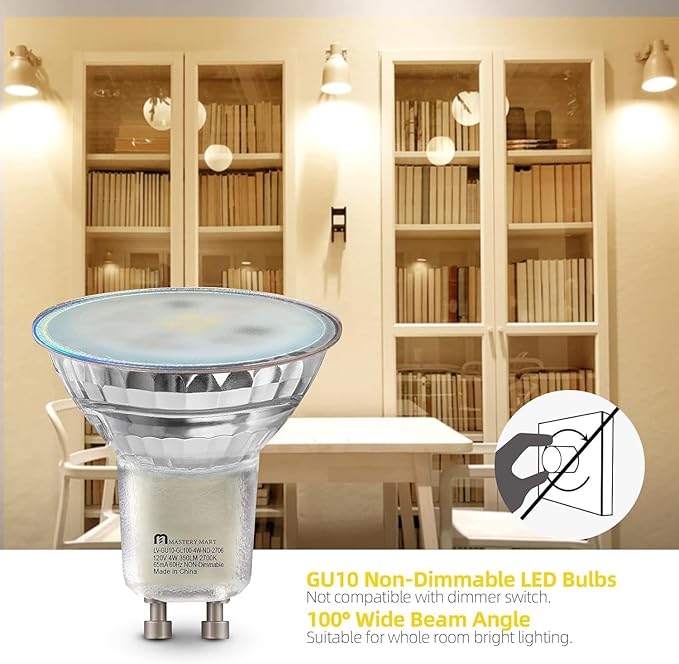 MASTERY MART 16 Pack Non-Dimmable GU10 LED Light Bulbs, 4W Bright 2700K Soft White 35W Halogen Equivalent, 350lm Energy Saver for Track Lighting Fixture, Kitchen, Basement, 15000 Hours Lifespan