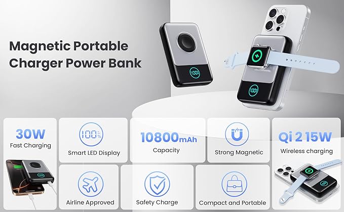 Magnetic Portable Charger for iPhone, 3-in-1 10800mAh Qi2 15W Wireless Power Bank with iWatch Charger,30W PD Fast Charging USB-C LCD Display Battery Pack for Magsafe,iPhone 16/15/14/13/12, Apple Watch