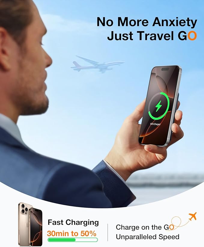 TORRAS 0.45" Slim Magnetic Portable Charger Power Bank for iPhone 5000 mAh 22.5W PD Fast Charging Wireless Battery Pack O Stand Compatible with Magsafe, i Phone 16 Pro Max, Pro,15,14,13,12, Black