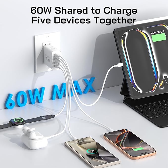 2Pack USB C Fast Charger Block, 60W 5-Port USB C Wall Charger 30W Type C Charging Block, 2USB C+3USB A PPS/PD 3.0 Multiport Charging Cube for iPhone 16 15 14 13 Pro Max,for Galaxy S25 S24 Ultra, i Pad