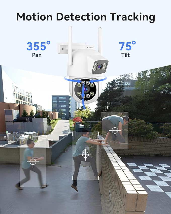 Security Camera System Wireless Outdoor with 12" Monitor, 2pcs 2K Dual Lens Cameras for Home & Business Surveillance, 360° PTZ, 2.4G/5G WiFi, Human Detection, Auto Tracking, 16CH NVR, 500G HDD