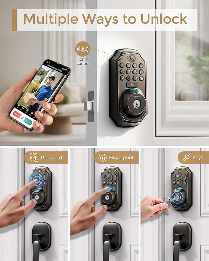 Keyless Entry Deadbolt with Handle Set - WiFi Smart Lock with Camera, 5-in-1 Camera+Doorbell+Fingerprint+Keypad, App Control, Auto Lock, Easy Install, Waterproof for Front Door