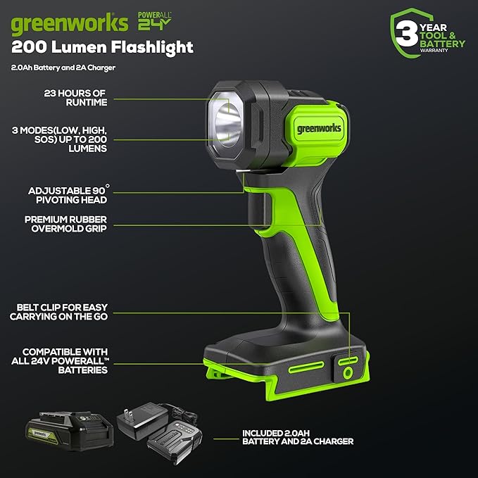 Greenworks 24V Cordless LED Flashlight Kit, 200lm Handheld Light, 2Ah Battery and Charger Included