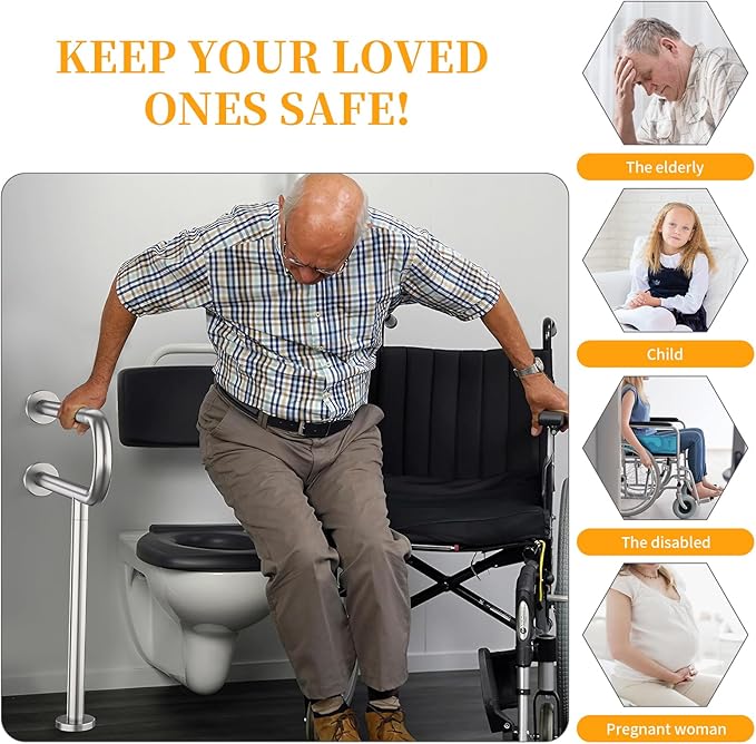 Toilet Grab Bar 23.4 Inch, YuanDe Wall to Floor Brushed Nickel Bathroom Safety Bar w/Anti-Slip Knurled Grip, Stainless Steel Handicap Grab Bar with Leg,Support Bar for Disabled Elderly Pregnant