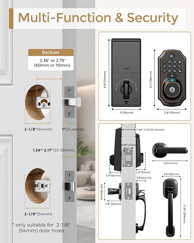 Keyless Entry Deadbolt with Handle Set - WiFi Smart Lock with Camera, 5-in-1 Camera+Doorbell+Fingerprint+Keypad, App Control, Auto Lock, Easy Install, Waterproof for Front Door