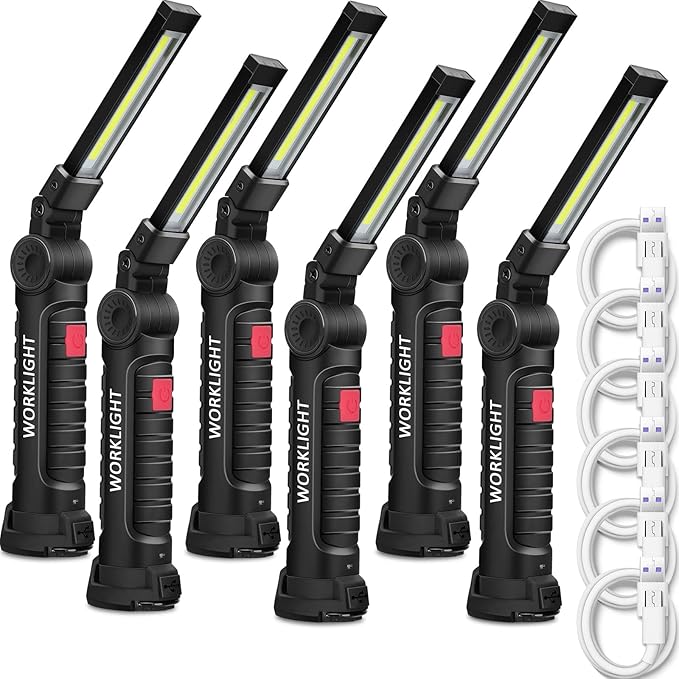 Mudder 6 Pcs Rechargeable LED Work Light with Magnetic Base 360° Rotate 5 Modes Flashlights for Car Repair Outdoor Father's Day Tool Gifts(Black)