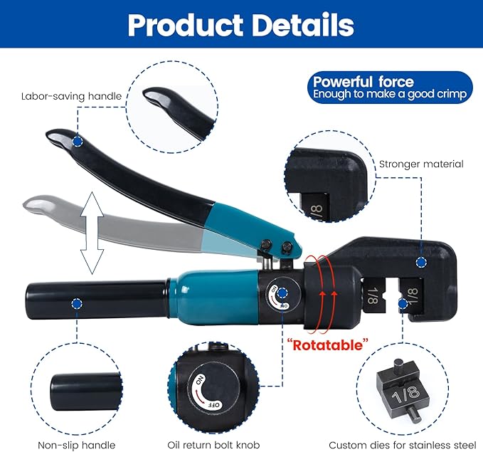 Muzata Custom Cable Railing Crimping Tool Hydraulic Crimper Hydraulic Crimping Tool for 1/8" Stainless Steel Cable Railing Kit Wire Rope Swaging Kit with Spare Dies CR09