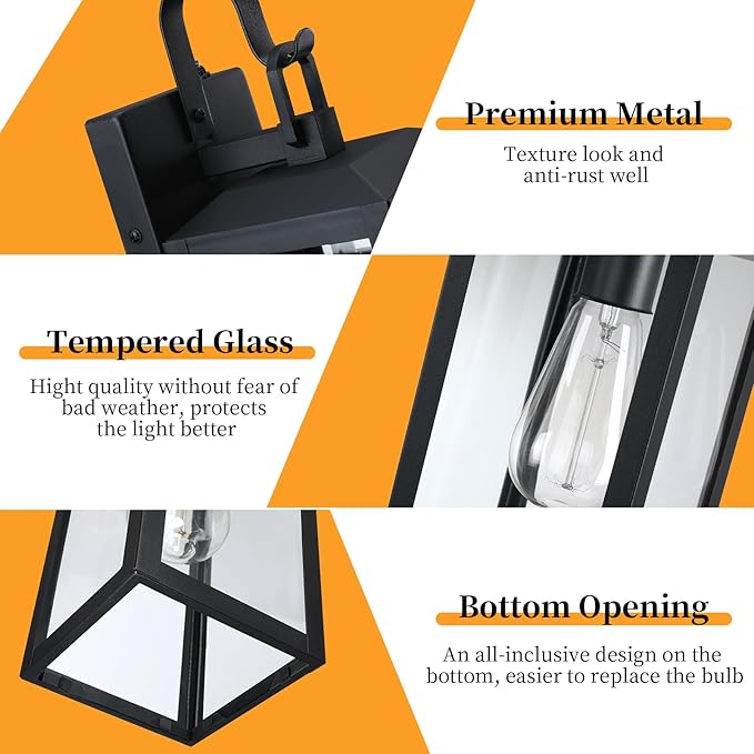 16'' Large Dusk to Dawn Outdoor Lighting 2 Packs, Modern Outdoor Lanterns for Porch, Waterproof Exterior Light Fixture Wall Sconces Lamps, Outside Lights for House Patio, Garage, Farmhouse, Black