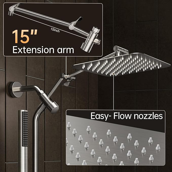 Veken 10" Luxurious Brushed Nickel All Metal Rain Shower Head with Handheld Spray Combo, High Pressure Rainfall Square Shower Heads with Extension Arm, Wide Dual Showerhead, Bathroom Accessories