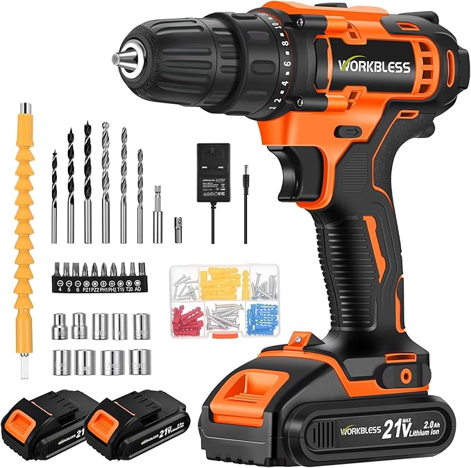 WORKBLESS 21V Power Drill Set, Cordless Drill with 2 Batteries and Charger, 3/8'' Keyless Chuck, Variable Speed, 18+1 Torque Setting and 28pcs Bits Tool Set(Orange)
