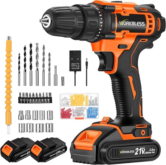 WORKBLESS 21V Power Drill Set, Cordless Drill with 2 Batteries and Charger, 3/8'' Keyless Chuck, Variable Speed, 18+1 Torque Setting and 28pcs Bits Tool Set(Orange)