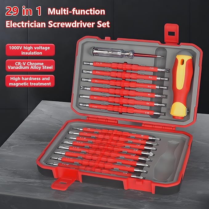 Insulated Screwdriver Set for Electricians – Ergonomic Handle, Magnetized Tips, Durable for Electrical Work, Receptacle & Outlet Screwdriver, Multi-Tool (29 in 1)