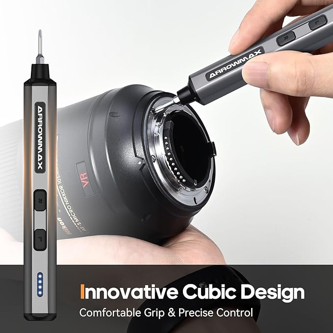 AM ARROWMAX Mini Electric Screwdriver, Precision Screwdriver Set w/ 28 Magnetic Bits, Red Dot, IF Winning Design, Rechargeable Cordless Screwdriver for Phone, Laptop, Watch, RC(SES MINI) Grey