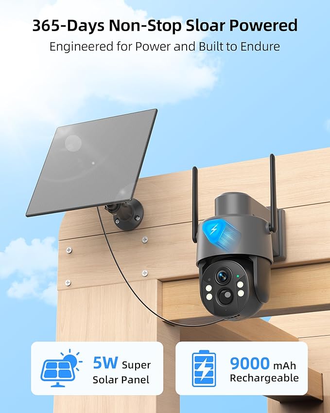 Solar Security Cameras Wireless Outdoor, 4G LTE Cellular Security Cameras for Home Security, 360° PTZ Surveillance Camera with PIR, Color Night Vision, 2-Way Talk, IP66 Waterproof, Work with Alexa