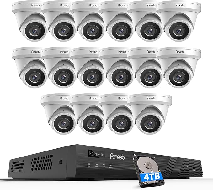 16 Channel Security Camera System 4K PoE, 16x 8MP Wired IP Turret Dome Camera with AI Human Vehicle Detection, Built-in Mic, Remote Access 24-7 Recording, 4K 16CH NVR 4TB HDD, PD93A1616-8M