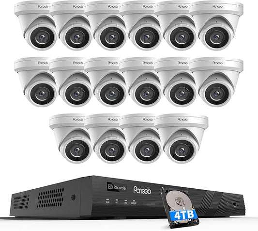 16 Channel Security Camera System 4K PoE, 16x 8MP Wired IP Turret Dome Camera with AI Human Vehicle Detection, Built-in Mic, Remote Access 24-7 Recording, 4K 16CH NVR 4TB HDD, PD93A1616-8M