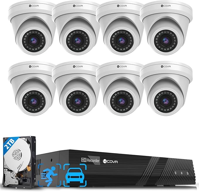 4COVR 4K PoE Security Camera System, 4K 8 Channel H.265 NVR with 2TB HDD, AI Human Vehicle Detection & Night Vision, 8X 8MP Commercial IP67 Dome IP Camera Built-in Mic, 24/7 Recording, LY97AX8M0808