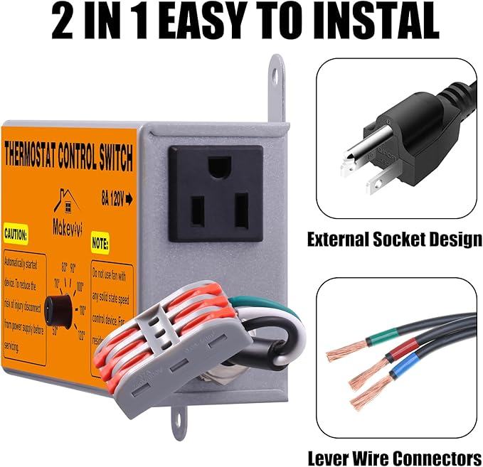Attic Fan Thermostat-Control: with Socket and Wire Connector, Can Be Connected to Two Fans, Replacement Thermostat with Overload Protector, Temperature Controlled Exhaust Fan for Workshop, Greenhouse