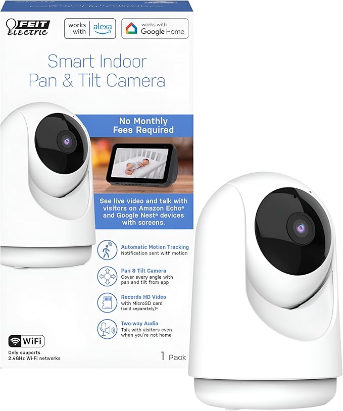 Feit Electric Indoor Security Camera with Motion Detection, 30ft. Night Vision, Pan and Tilt Head, 2.4GHz WiFi, 2-Way Audio, 1080p HD, Works with Alexa & Google Asst, Plug-in, White, CAM/PAN/WiFi/G2